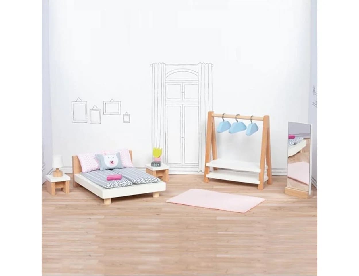 goki Puppenhausmöbel Style Schlafzimmer 18-tlg. Holz Set Beige