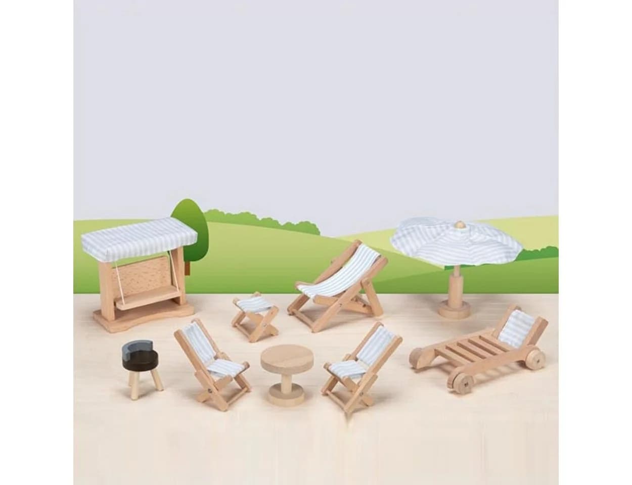 goki Puppengartenmöbel Weiß 9-teiliges Set mit Grill und Liegestühlen
