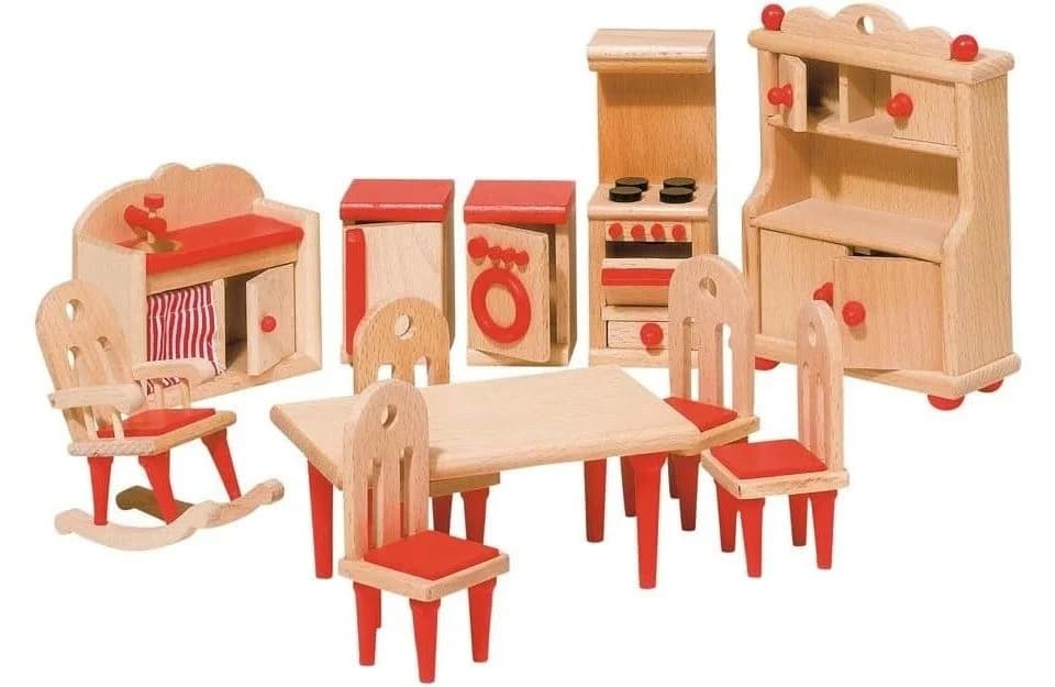 goki Puppenmöbel Küche aus Holz mit Tisch, Stühlen und Herd für Puppenhaus