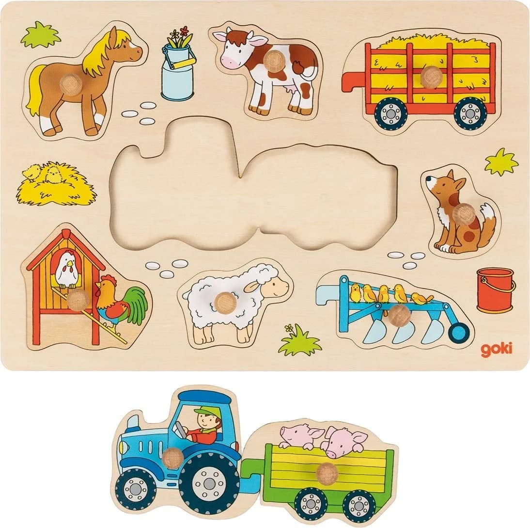 goki Steckpuzzle Traktor mit Anhängern Holz-Steckpuzzle 9 Teile