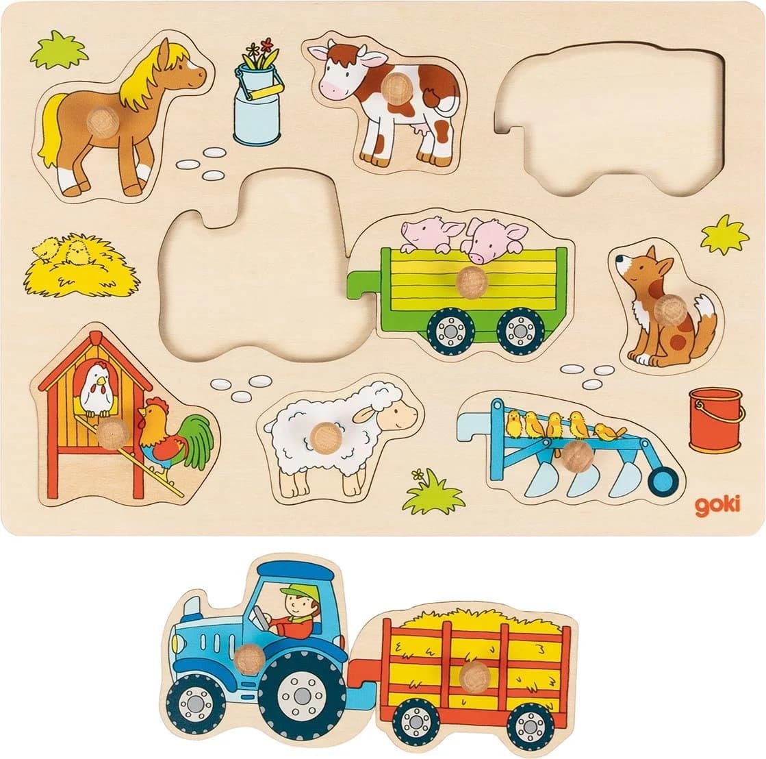 goki Steckpuzzle Traktor mit Anhängern Holz-Steckpuzzle 9 Teile - Bild 2