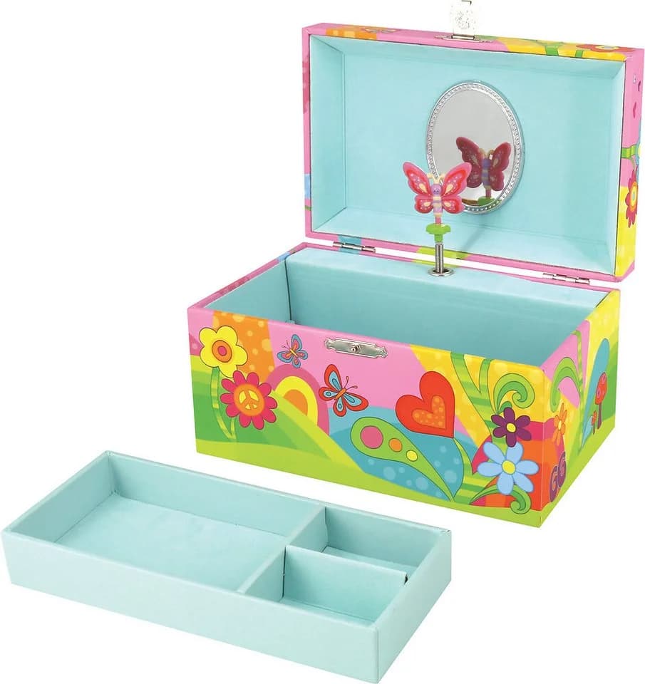 goki Musikspieldose Schmetterlingswiese Bunt/Rosa mit Spiegel