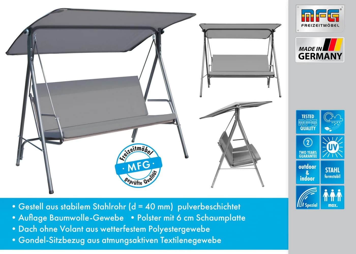 MFG Freizeitmöbel Hollywoodschaukel Lara 3-Sitzer Anthrazit - Bild 3