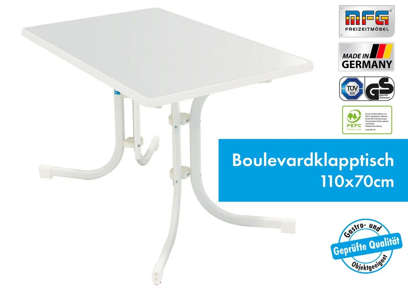 MFG Boulevardklapptisch 110x70 cm, weiß, Wetterfeste Melamin-Platte