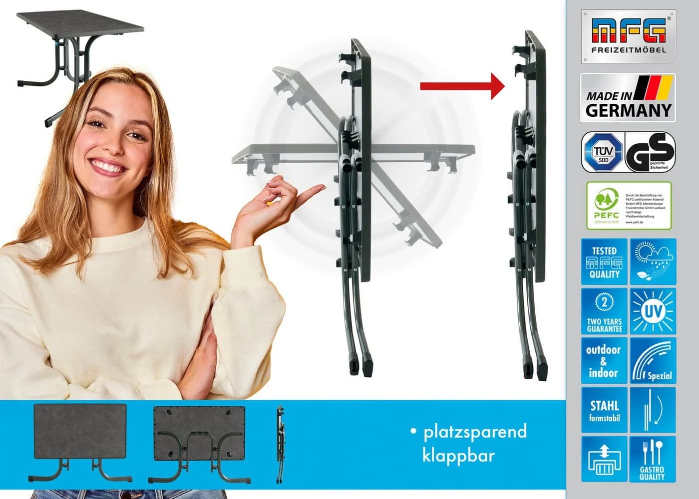 MFG Boulevardklapptisch 110x70 cm Anthrazit Schiefer Wetterfest - Bild 5