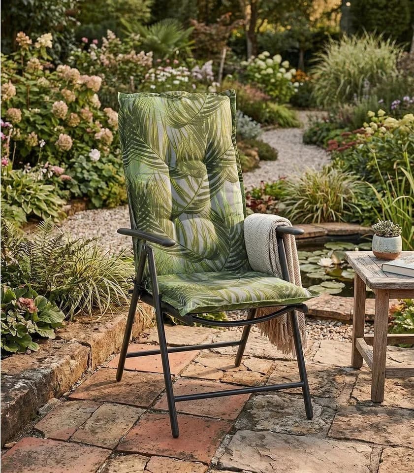 GO-DE Hochlehnerauflage LAKEVIEW Grün Palmenmotiv Gartenstuhlauflage