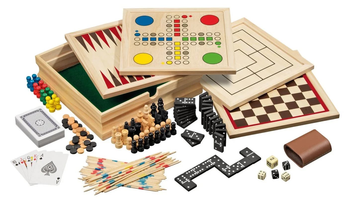 Philos Holz-Spielesammlung 10-tlg. Schach, Dame, Backgammon