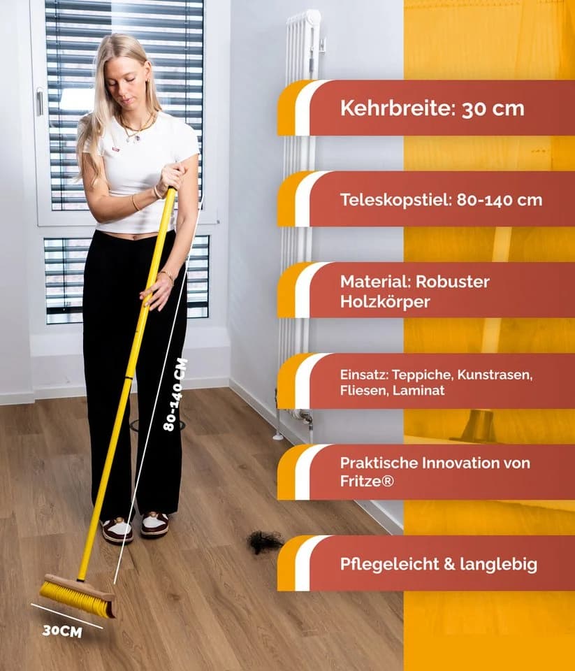 Fritze® Krallenbesen mit Stiel 30 cm - Abgewinkelte Borsten für Teppiche & Möbel