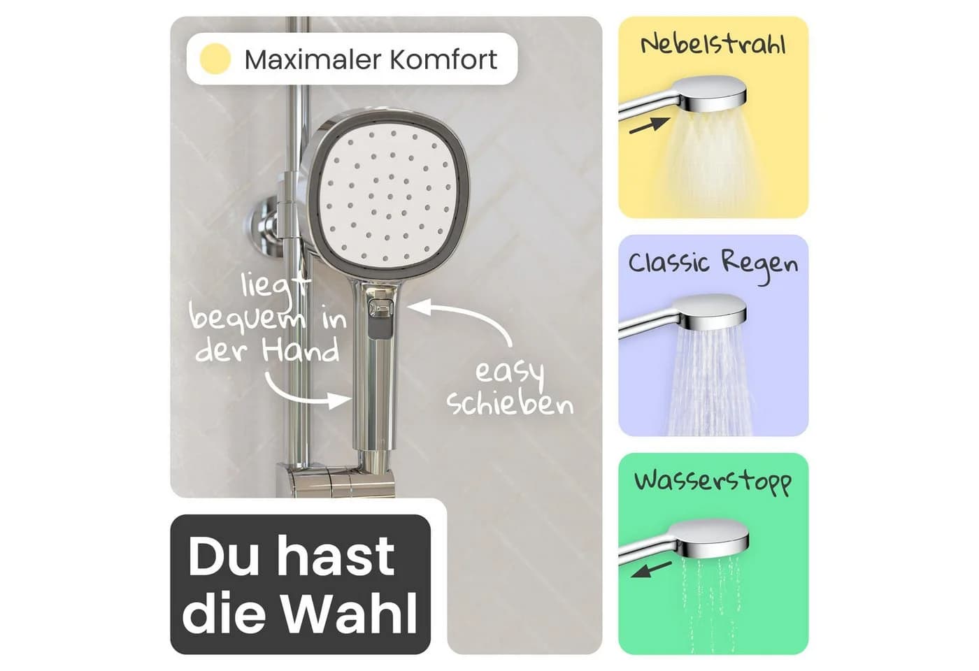 instmaier Duschsystem Cleo Chrom 3 Strahlarten Regendusche Handbrause - Bild 3