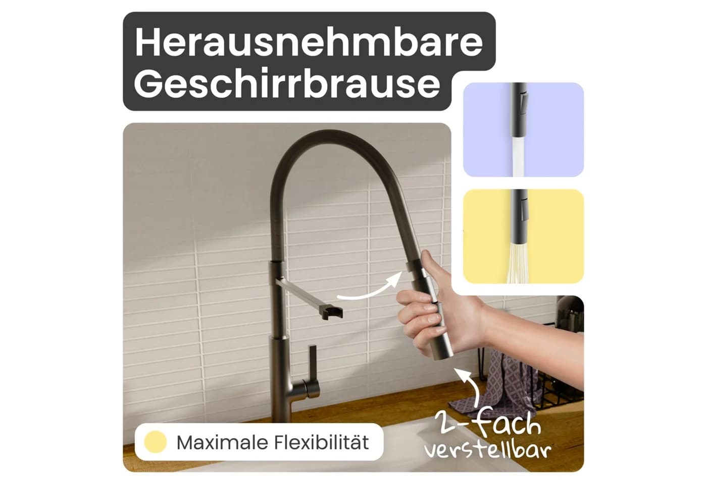 instmaier Küchenarmatur Nova Spültischarmatur Schwarz Grau Flexible Handbrause - Bild 3