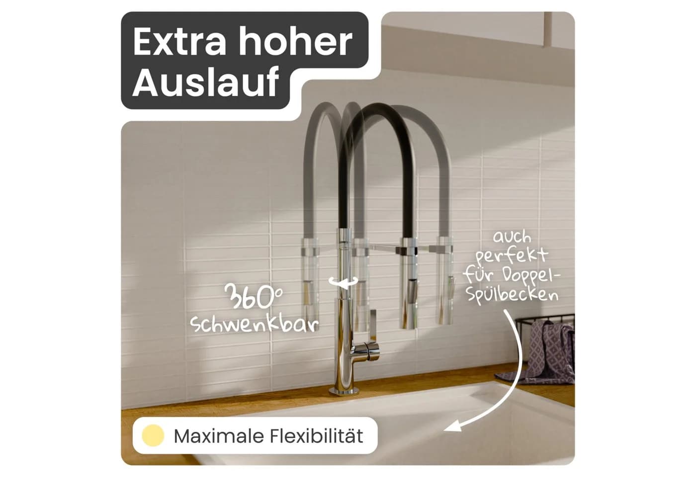 instmaier Küchenarmatur Nova, Spültischarmatur mit hohem Auslauf, flexible Handbrause 2 Strahlarten - Bild 5