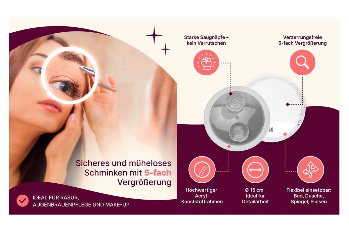 Fantasia Beauty Badspiegel 5-fach Vergrößerung mit Saugnäpfen - Bild 3