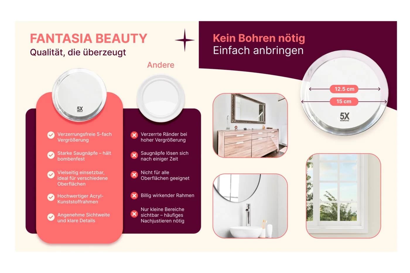 Fantasia Beauty Badspiegel 5-fach Vergrößerung mit Saugnäpfen - Bild 4