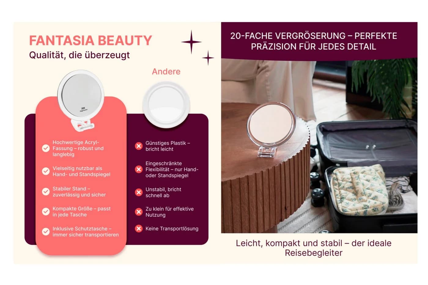 Fantasia Beauty Schminkspiegel Reisespiegel Acryl 20-fach Vergrößerung Ø 10,5 cm - Bild 4