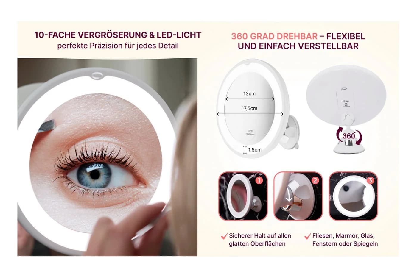 Fantasia Badspiegel Saugnapfspiegel Weiß 10-fach Vergrößerung LED-Beleuchtung - Bild 3