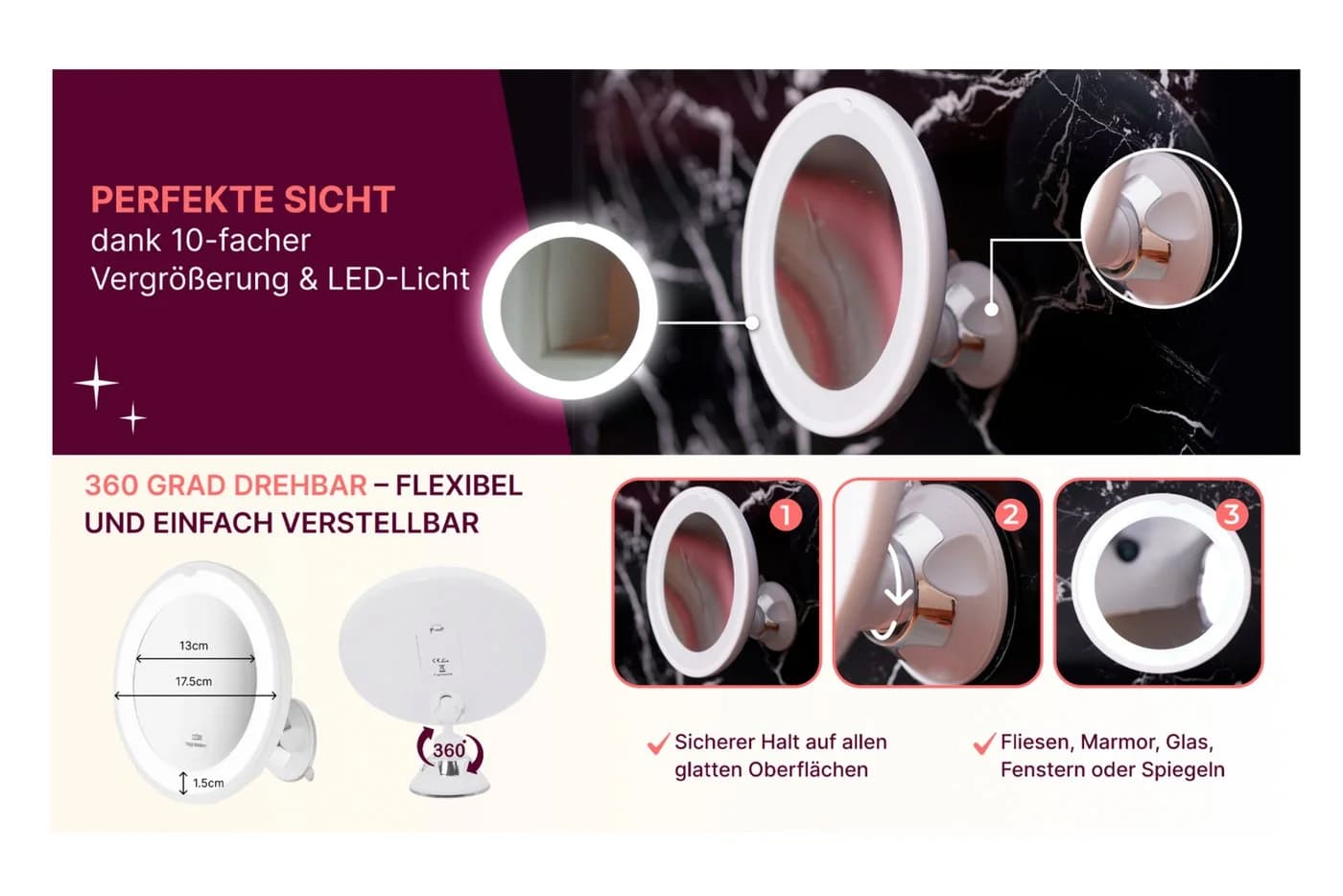 Fantasia Badspiegel Saugnapfspiegel Weiß 10-fach Vergrößerung LED-Beleuchtung - Bild 4