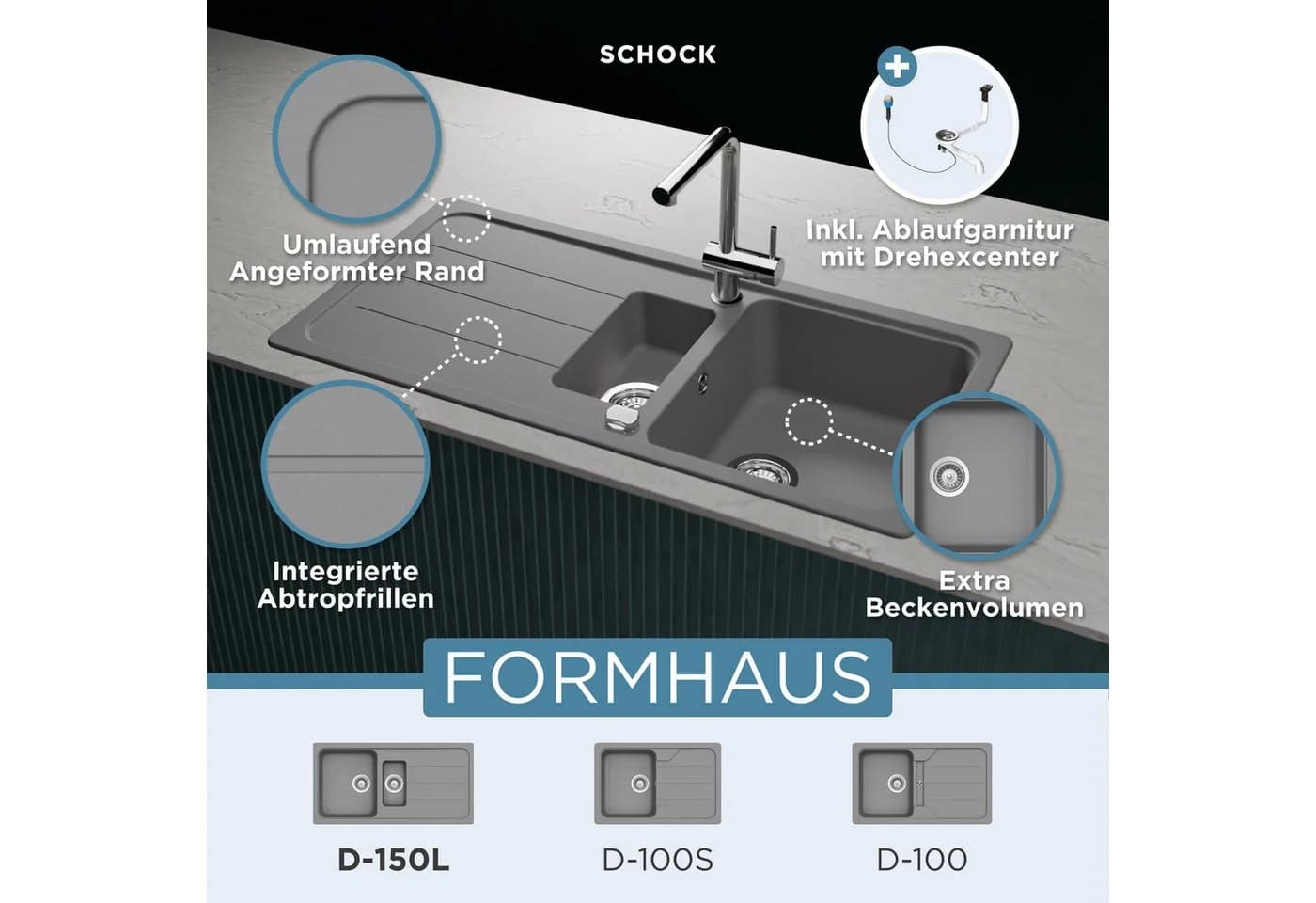 Schock Granitspüle Formhaus Grau mit Restebecken