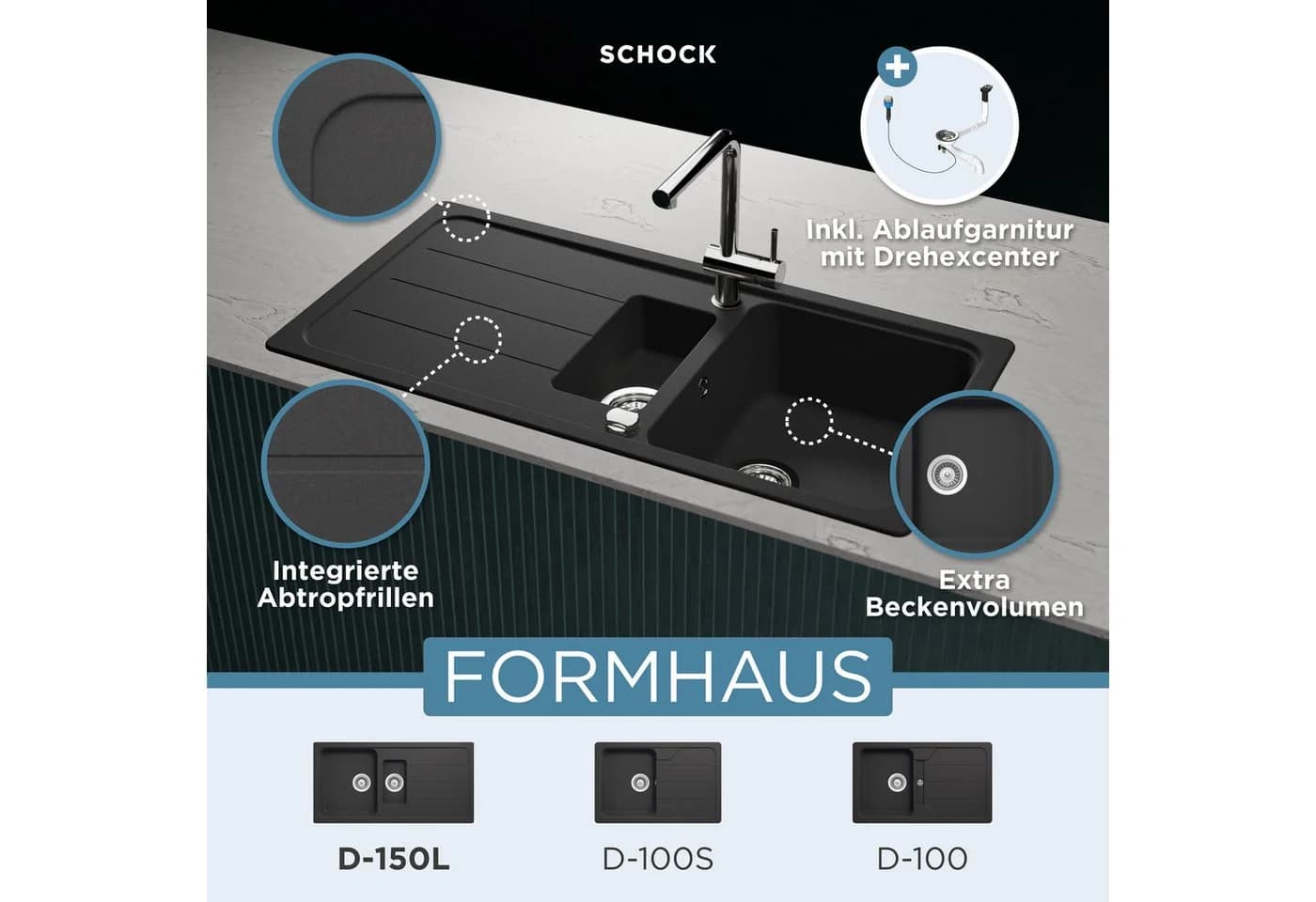 Schock Granitspüle COMO D-150L Schwarz Eckig