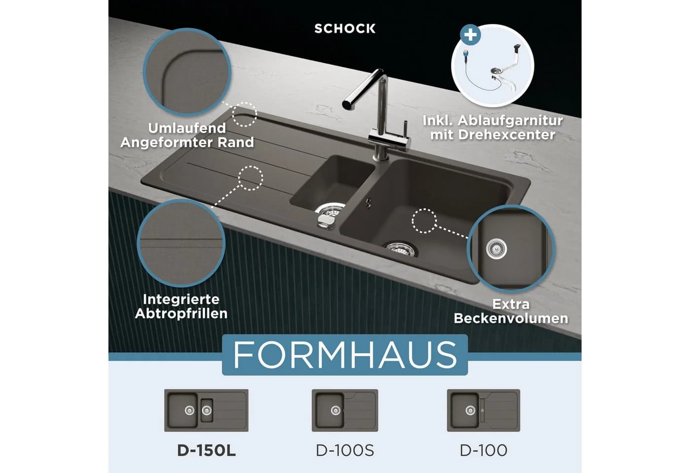 Schock Granitspüle Formhaus Grau Rechteckig mit Restebecken