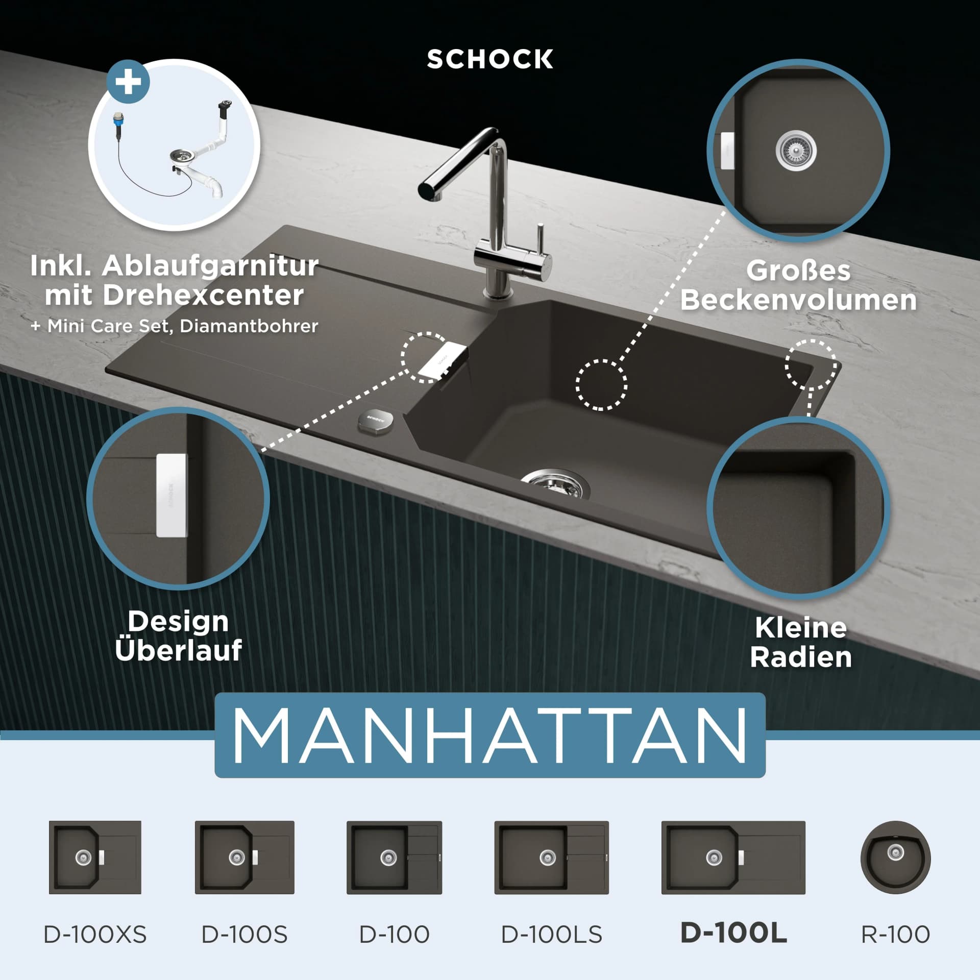 Schock Granitspüle Manhattan D-100L Rechteckig Grau Domogranit