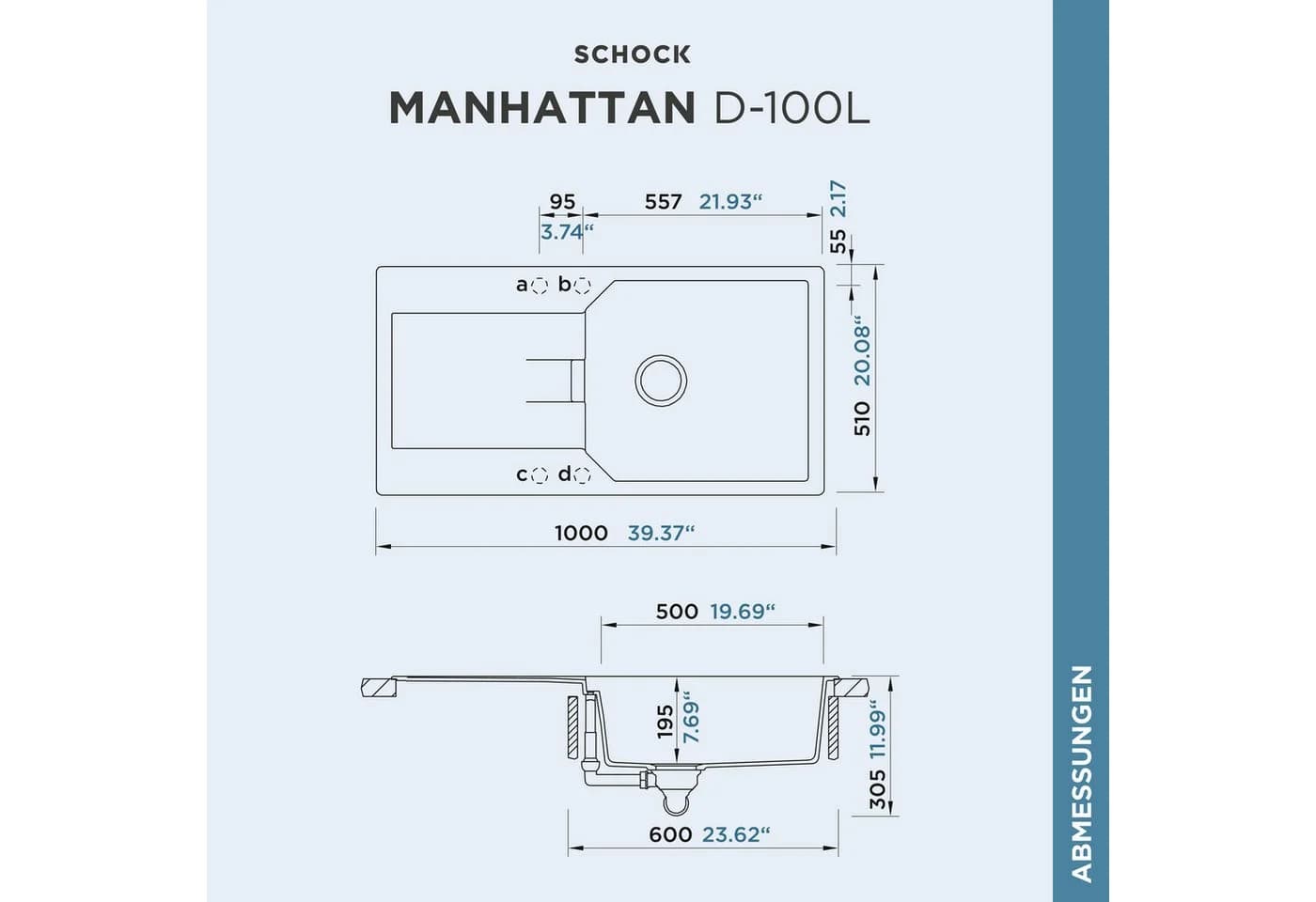 Schock Granitspüle Manhattan D-100L Grau Rechteckig