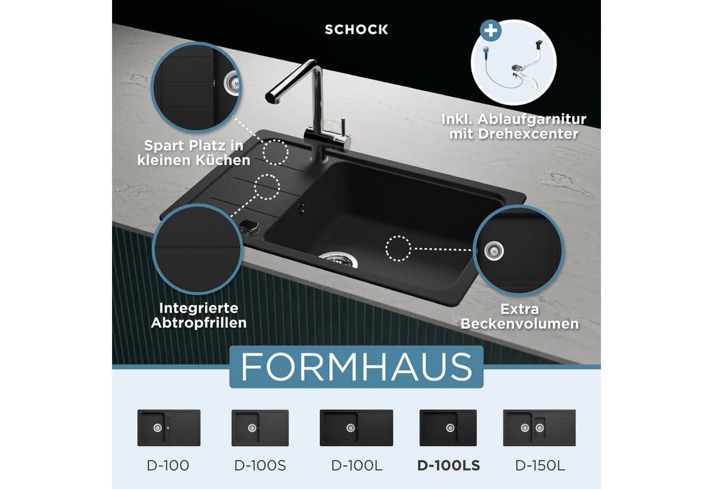 Schock Granitspüle Formhaus D-100LS Schwarz Eckig
