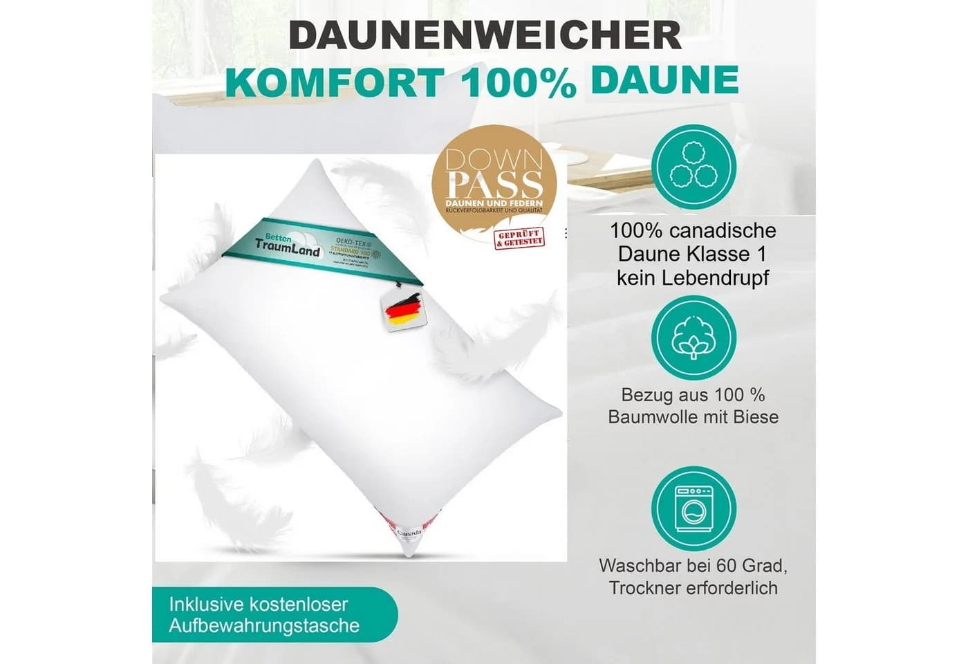 Canada Daunenkissen 100% Daune Klasse 1 Weiß Flachkissen
