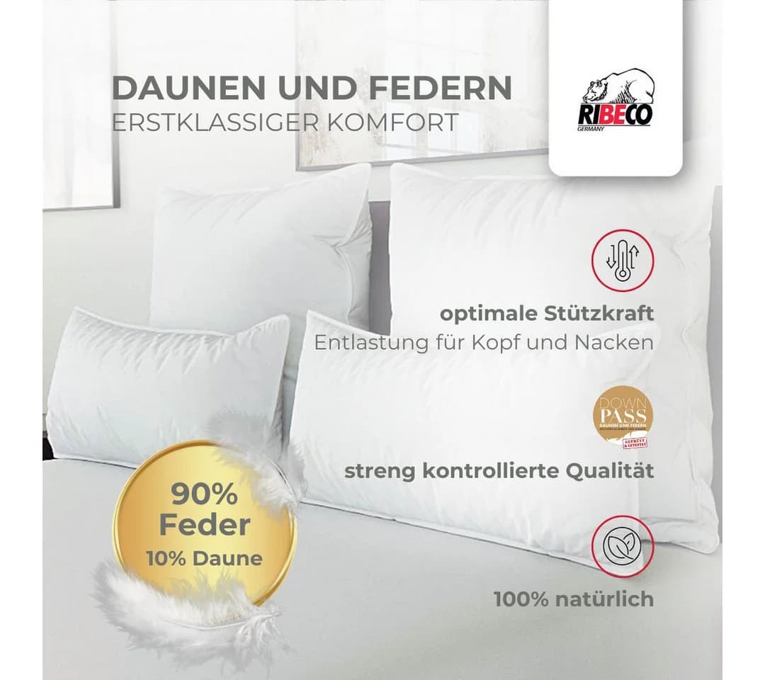 Ribeco Federkissen Johanna 80x80 cm Weiß Baumwollbezug DOWNPASS-zertifiziert