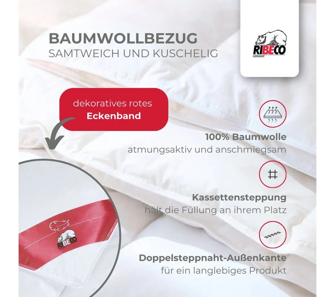 RIBECO Daunenbettdecke Johanna Weiß 100% Baumwolle - Bild 3
