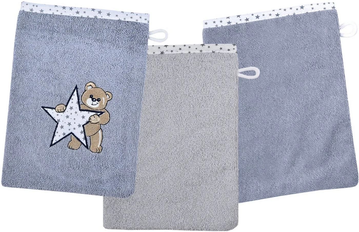 Wörner Teddy/Stern Waschhandschuh 3er Set Grau Baumwolle - Bild 2
