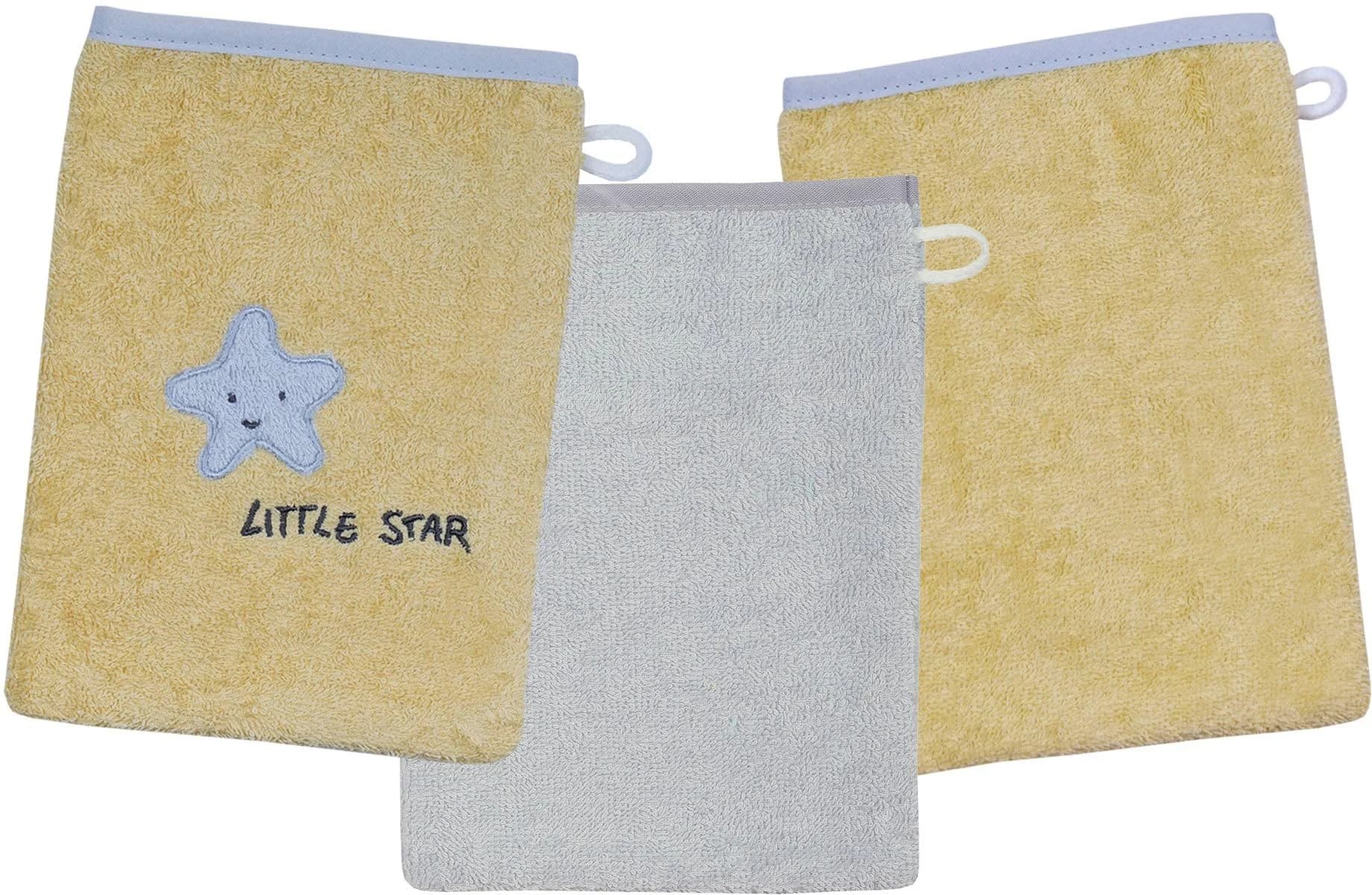 Wörner Little Star Waschhandschuh 3er Set Gelb Grau mit Sternstickerei