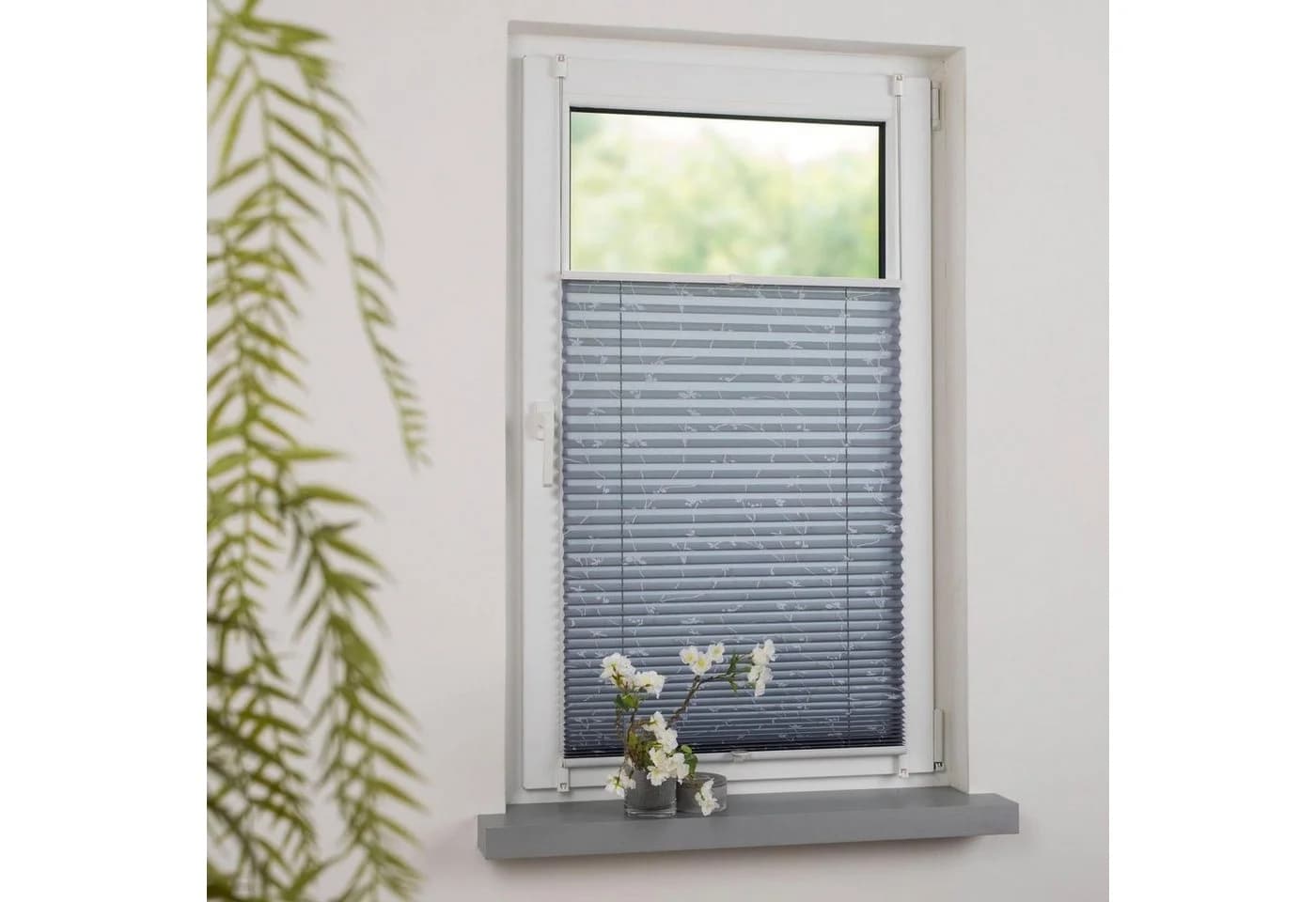 LIEDECO Klemmfix-Plissee Ranke grau mit floralem Druck