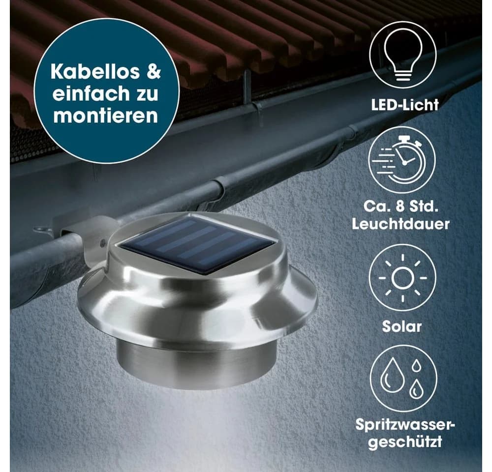 EASYmaxx Dachrinnenleuchten Solar-Leuchte 3er Set Edelstahl Grau