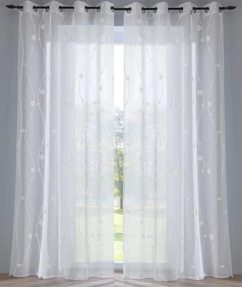 KUTTI Vorhang Nelly Weiß Grau Bestickt Voile Ösen