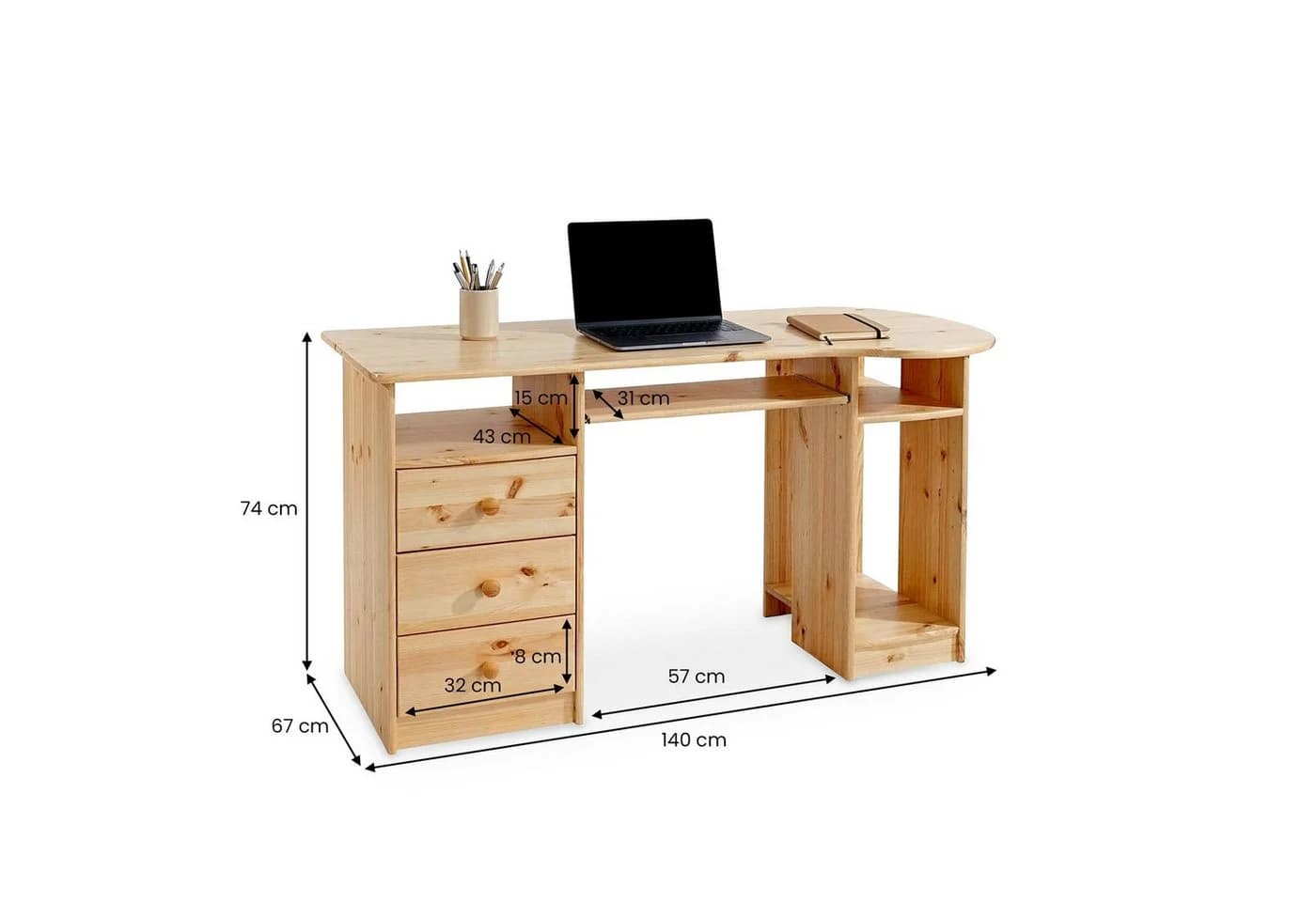 IDIMEX Schreibtisch BOB PC-Schreibtisch Kiefer massiv 3 Schubladen - Bild 5