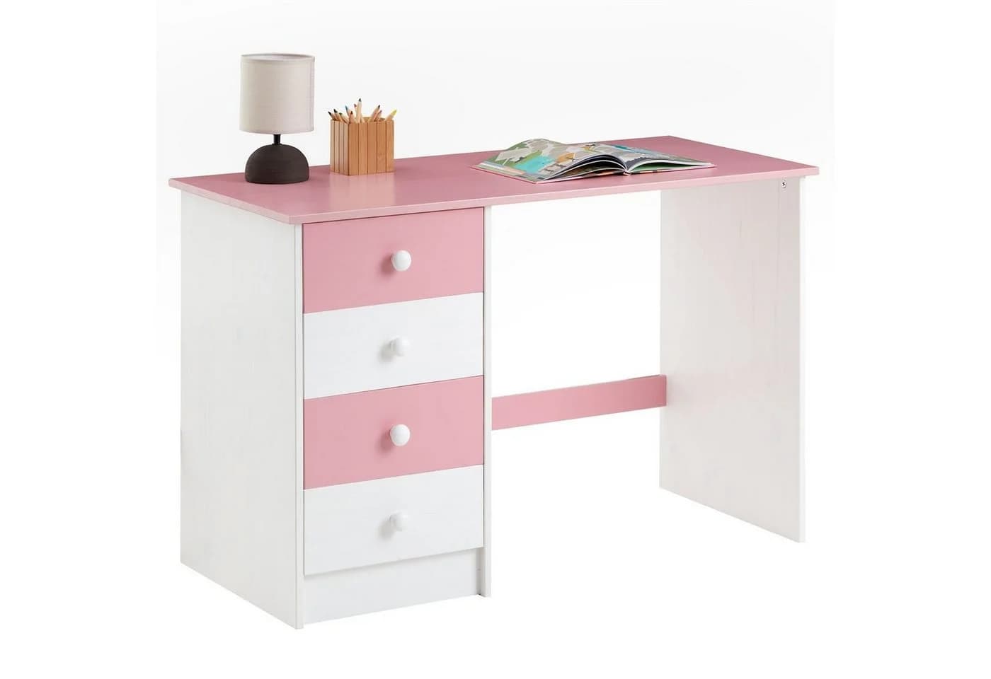 IDIMEX Schreibtisch ARNE Kinderschreibtisch 4 Schubladen Massivkiefer Weiß/Rosa - Bild 2