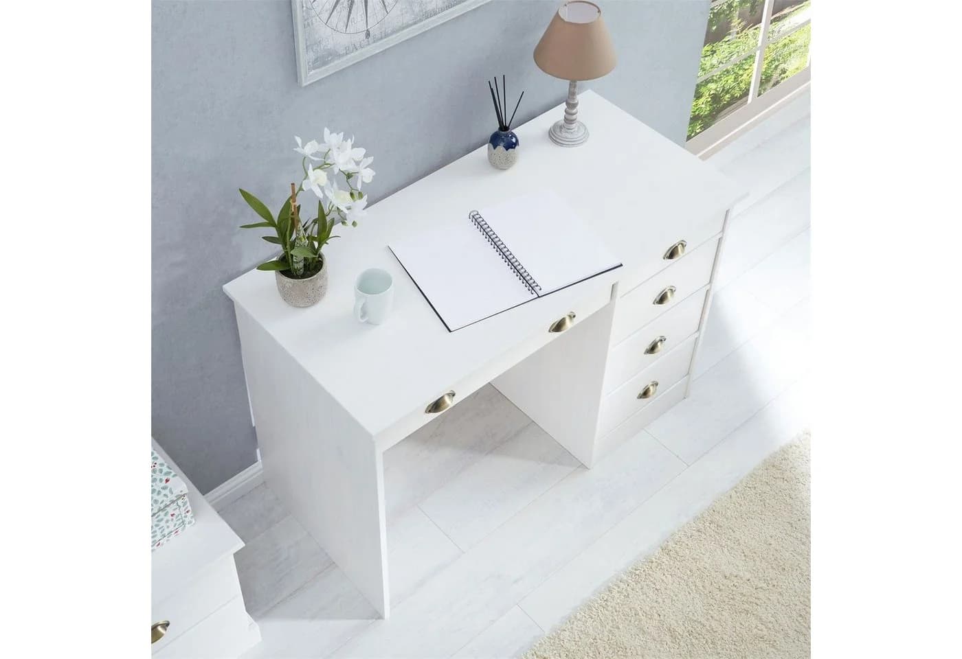 IDIMEX Schreibtisch LANA Weiß Massivholz Landhausstil 5 Schubladen - Bild 3