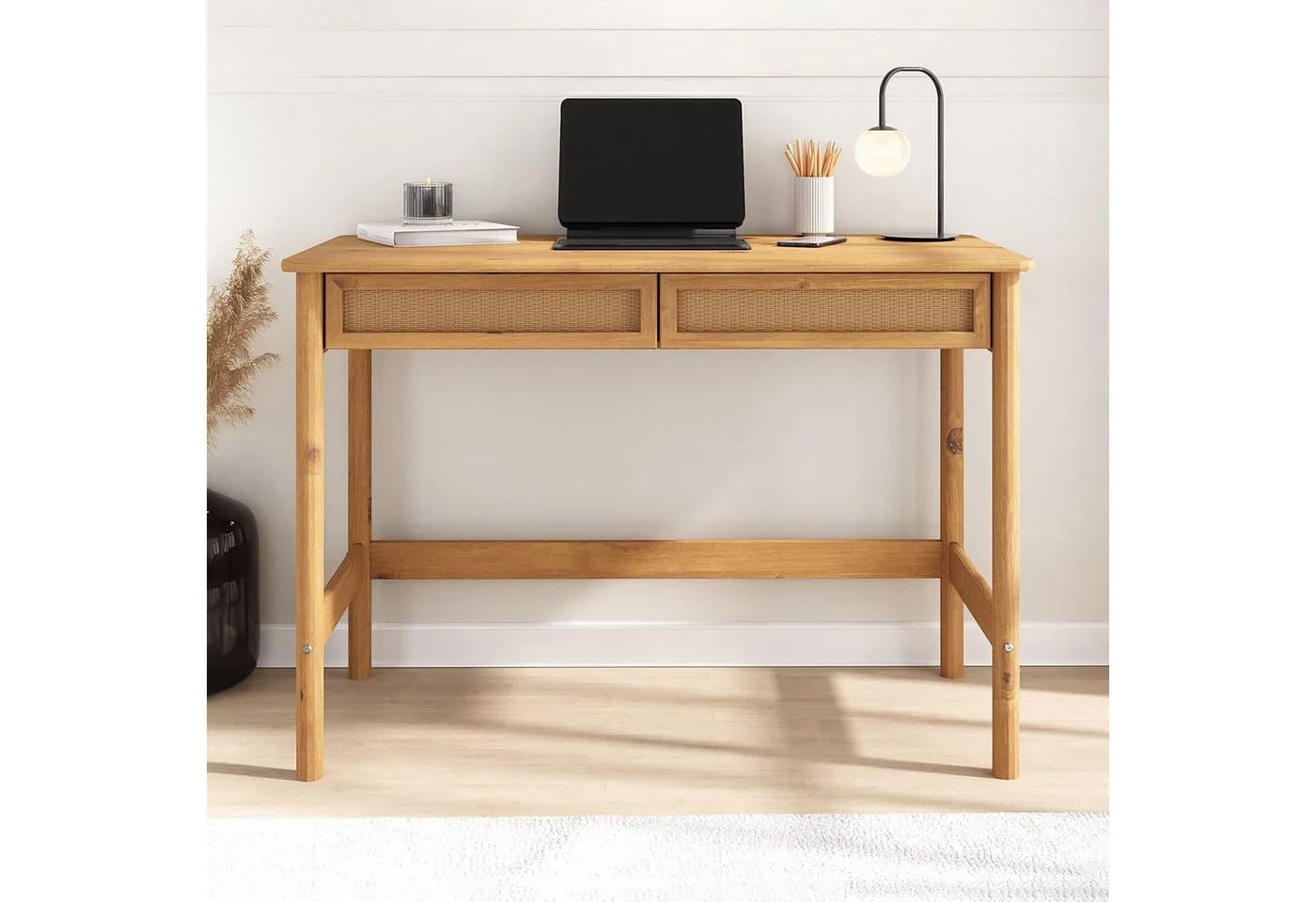 IDIMEX Schreibtisch RODRIGO 110 cm Massivholz 2 Schubladen Rattanoptik - Bild 2
