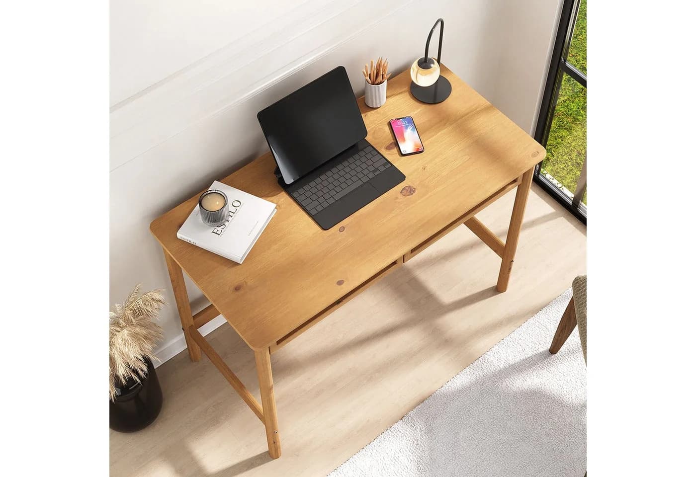 IDIMEX Schreibtisch RODRIGO 110 cm Massivholz 2 Schubladen Rattanoptik - Bild 3