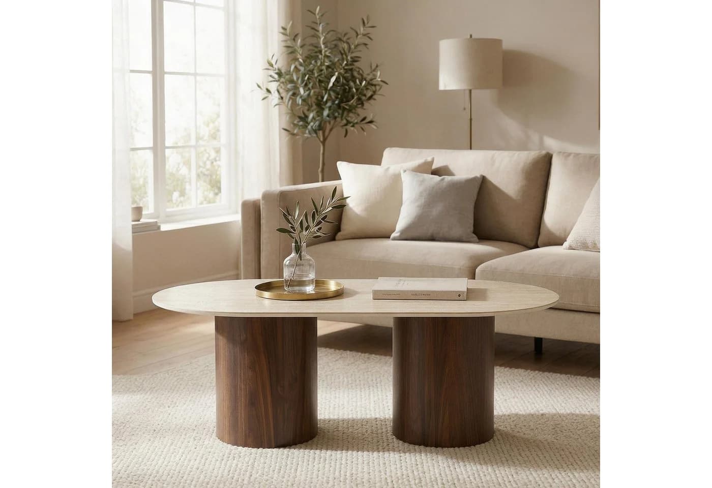 IDIMEX REALM Couchtisch Keramik Travertin Nussbaum Oval