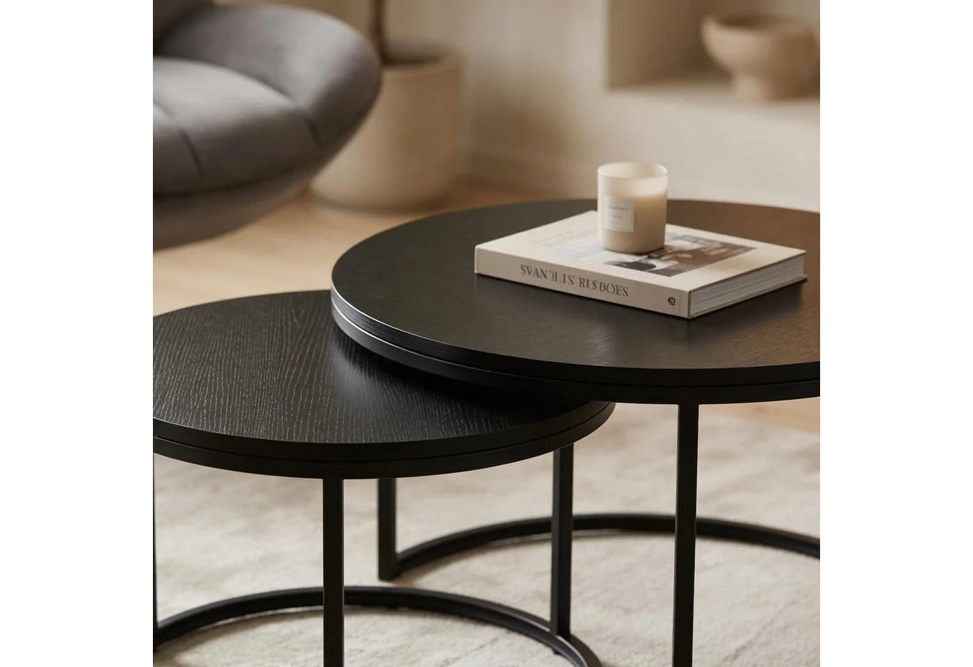 IDIMEX Couchtischset TOURS 2er Set Rund Schwarz Holz-Dekor