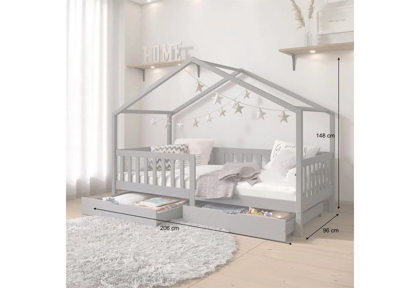 IDIMEX Kinderbett ELEA Hausbett Grau Massivholz Schubladen - Bild 3