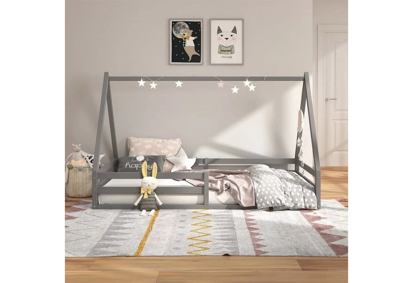 IDIMEX Kinderbett SILA Hausbett Tipi Grau Massivholz