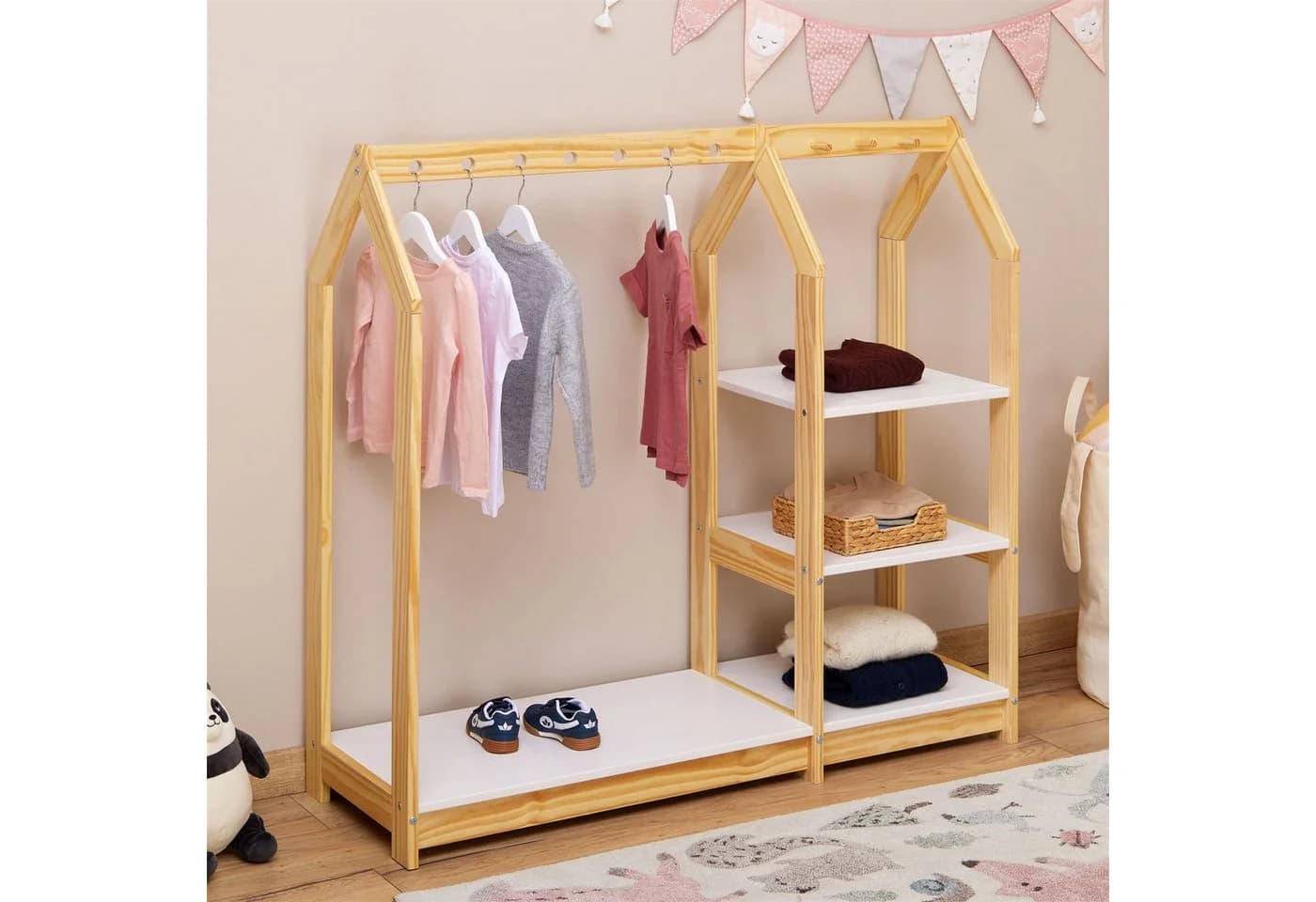 IDIMEX Kinderkleiderschrank SALLY Garderobe Haus Design 4 Ablagen Weiß/Natur - Bild 2