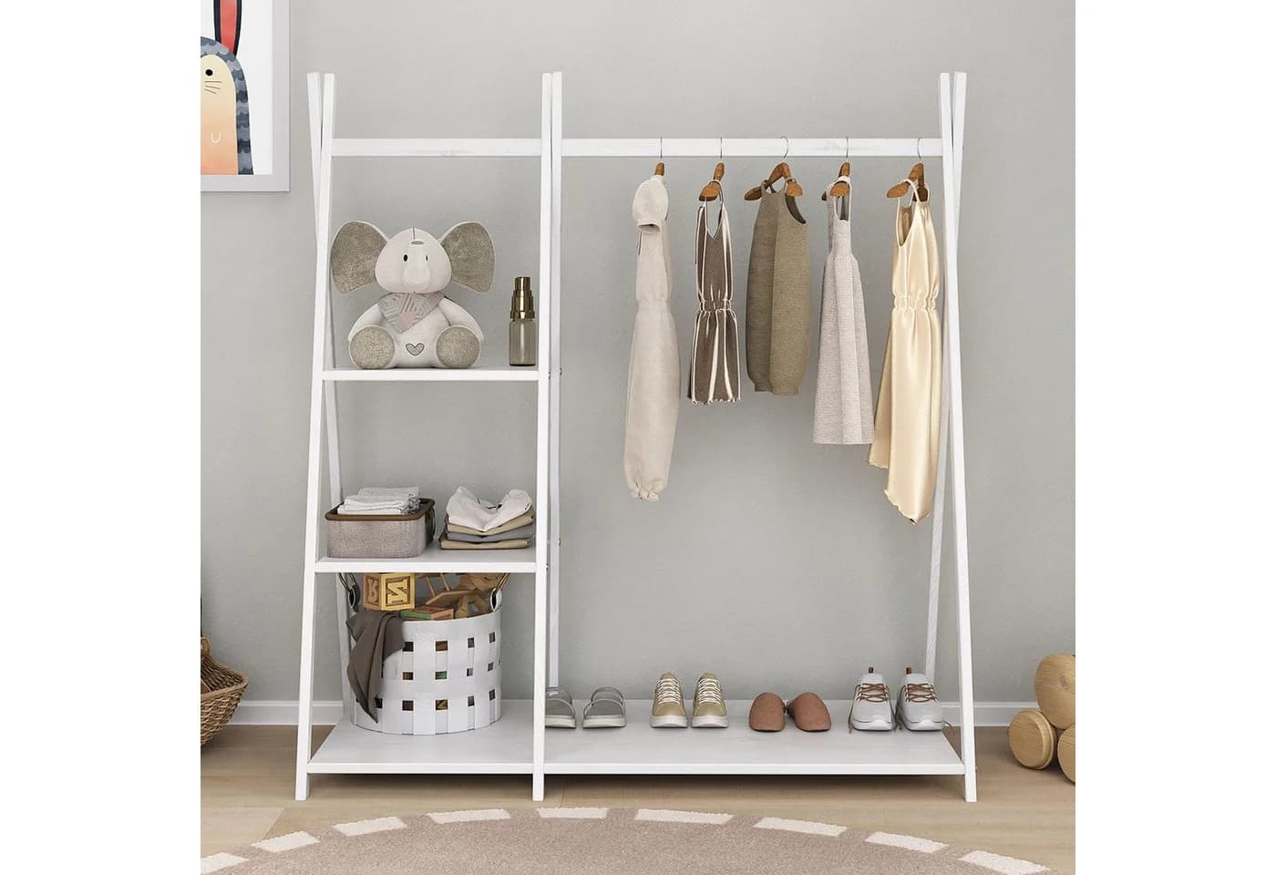 IDIMEX Kinderkleiderschrank LOTTE Weiß Massivholz 4 Ablageböden - Bild 2