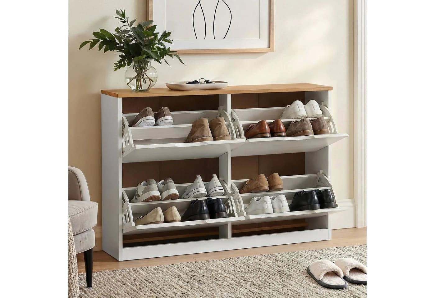 IDIMEX Schuhkommode BASIL Kiefer massiv weiß/braun 4 Klappen - Bild 3