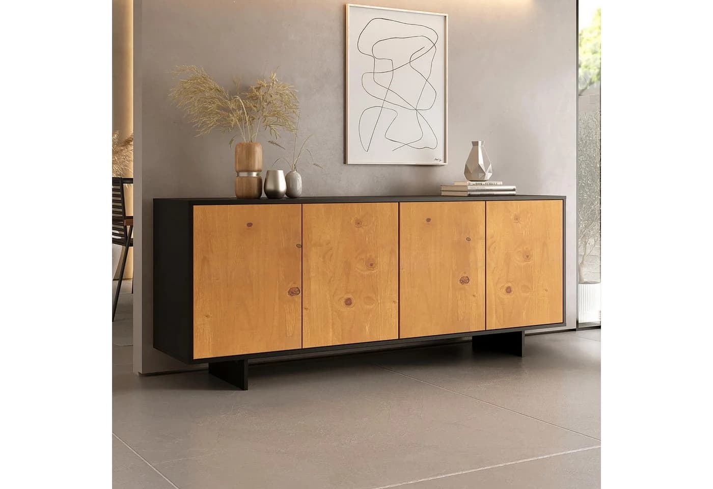 IDIMEX Sideboard ARTO 180 cm Schwarz/Eiche Kiefernholz