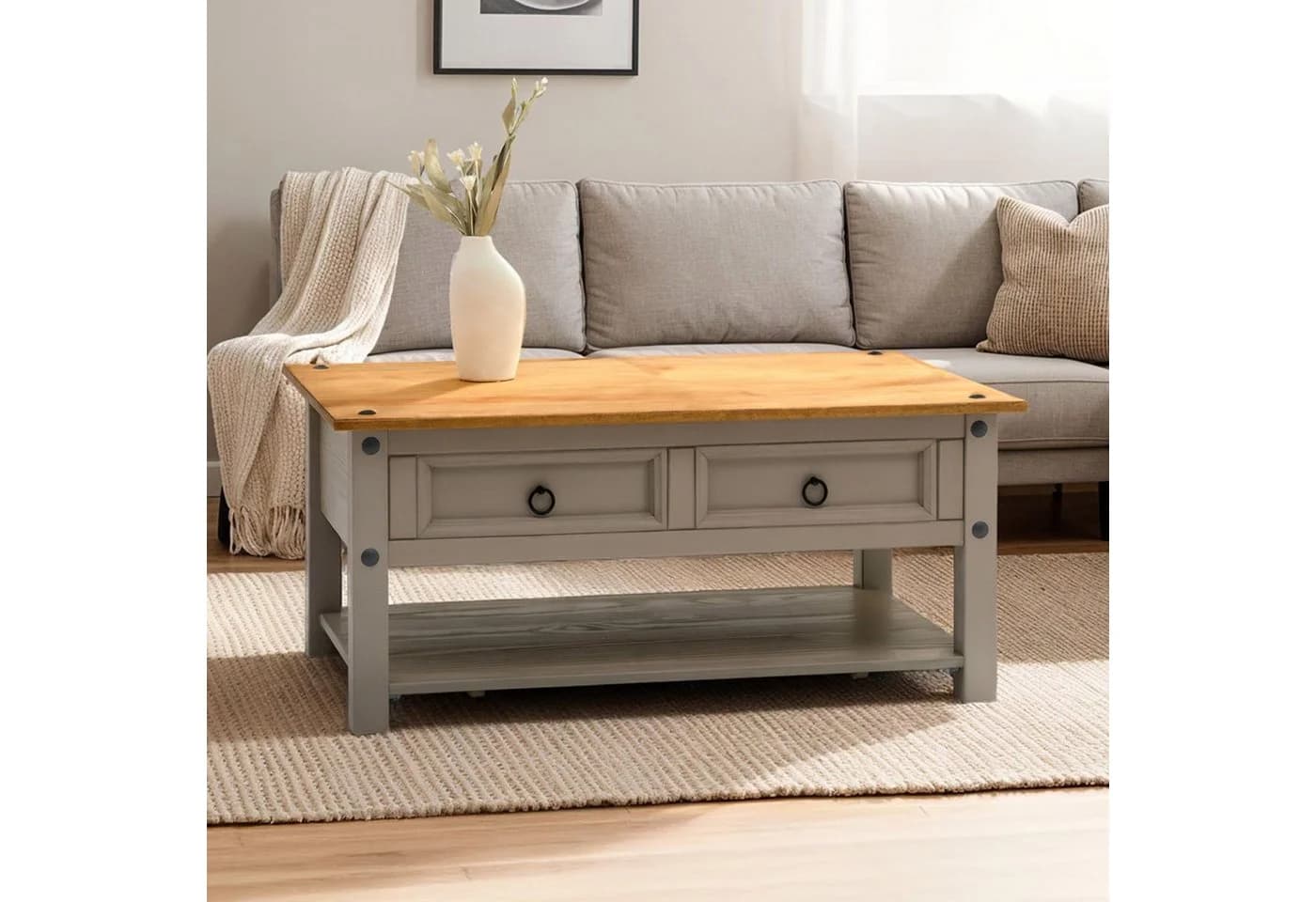 IDIMEX Couchtisch RAMON Grau/Braun Kiefer massiv mit Schubladen - Bild 2