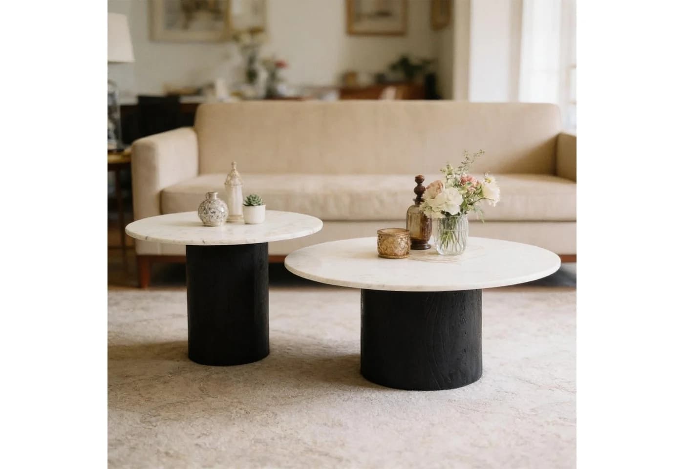 Modernes Couchtischset aus Marmor und Akazienholz - Bild 2