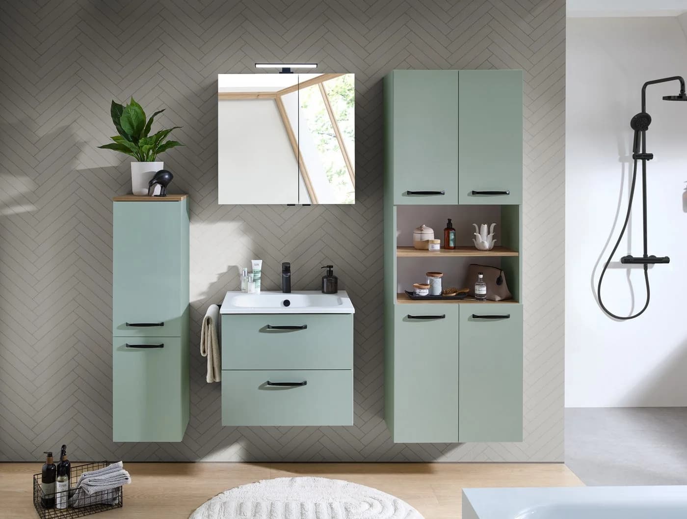 Badezimmerspiegelschrank SAPHIR Quickset 500 2 Türen 67cm LED-Aufsatzleuchte Grün